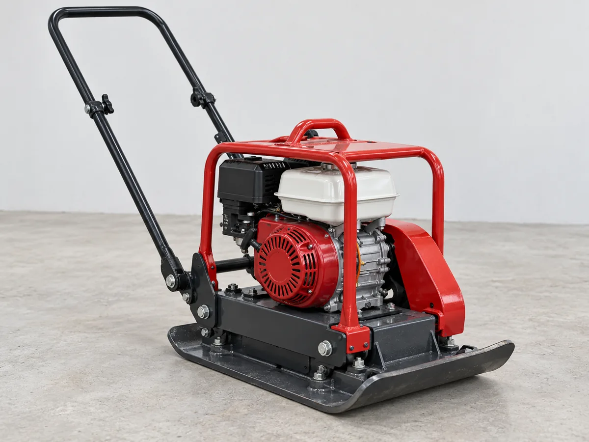 Placa compactadora com base metálica e alça de condução